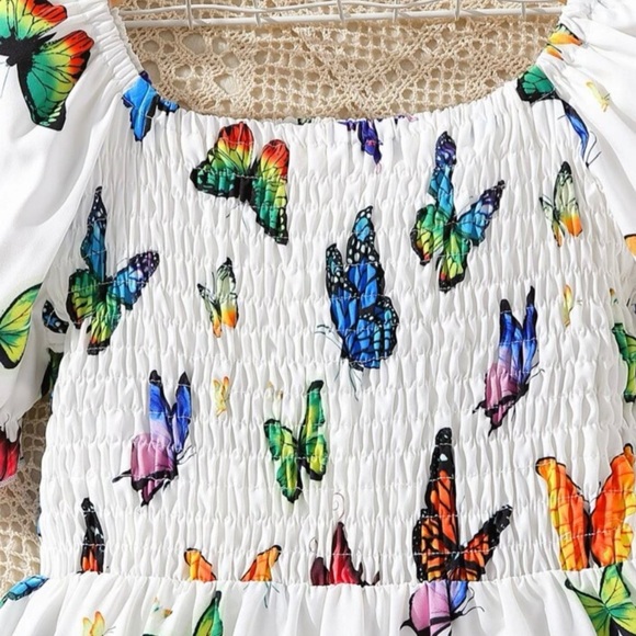 Girls Butterfly Print Puff Sleeve Dress - Picture 3 of 4